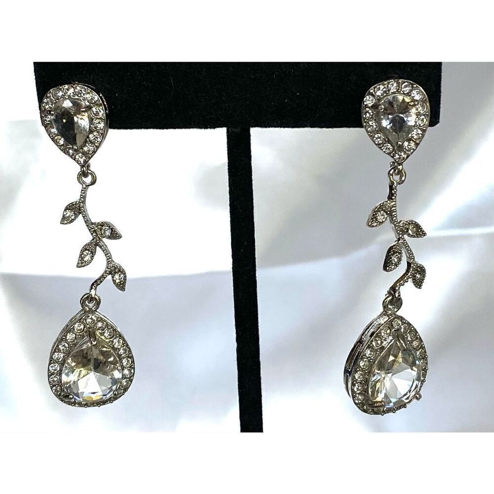 JT# Striking 2” Dangle Crystal / Silver toned  Earrings